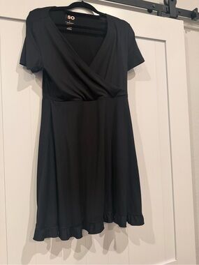 SO Black Faux-Wrap Short Sleeve Dress
